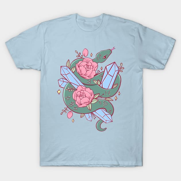 Green Snake with Peonies and Blue Crystals T-Shirt by lulubee